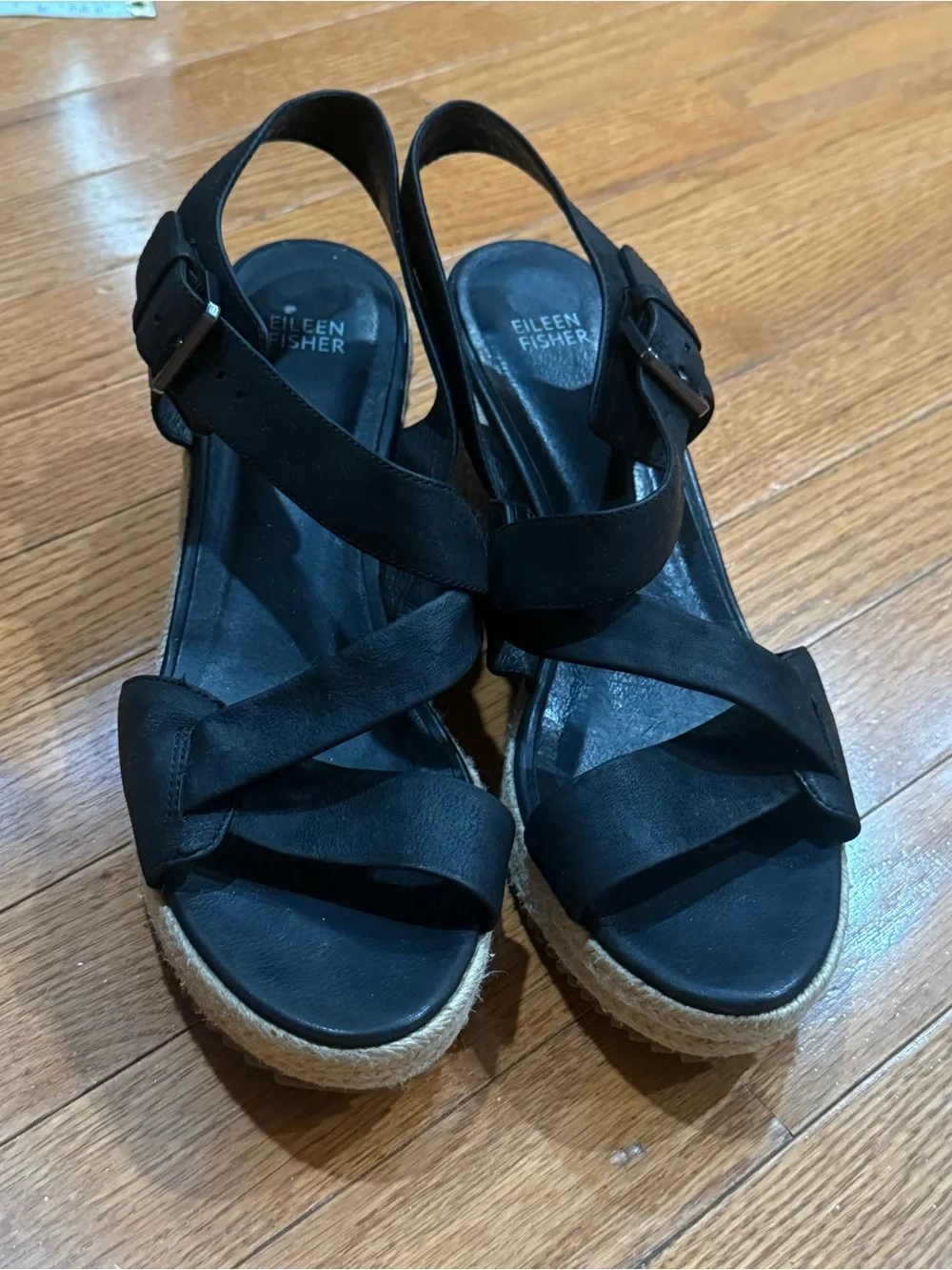 Eileen Fisher Women’s 11 Beckon Leather Espadrille Wedge Sandals Strappy Jute